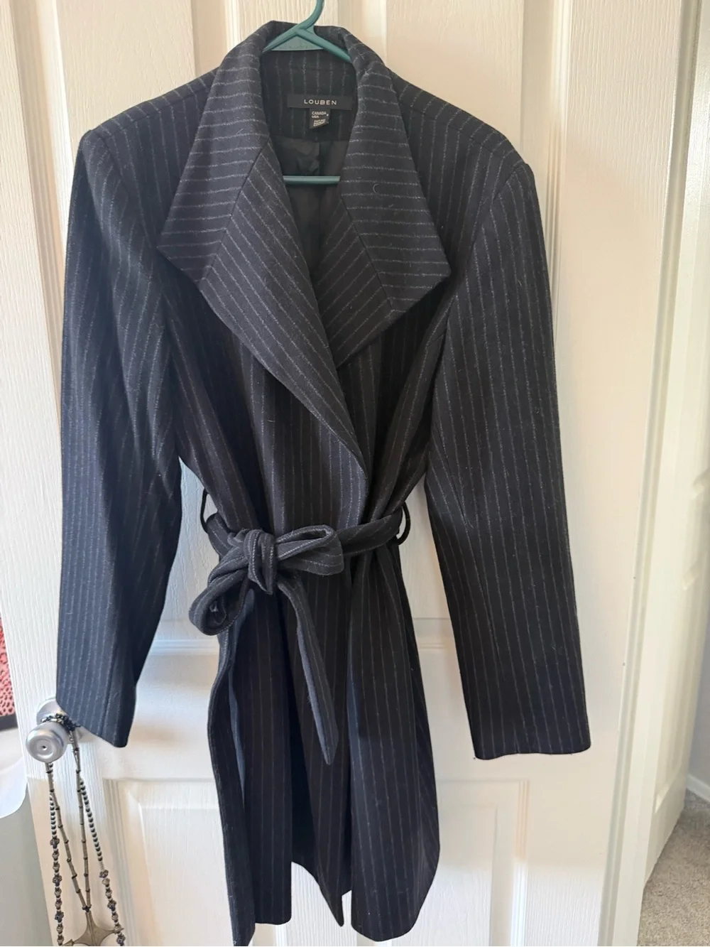 Louben Black Pinstripe Wool Cashmere Belted Coat Jacket Sz 8 Canada
